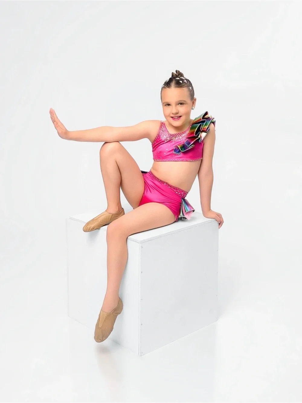 Girls' Hot Pink One-Shoulder Dance Costume with Ruffle Accent